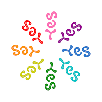 Say Yes, radial pattern rainbow colors, rotation animation.