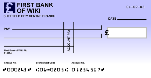 Cheque sample for a bank in the United Kingdom
