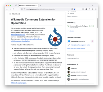 Screenshot of GitHub page of the Wikimedia Commons extension for OpenRefine
