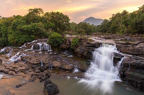 Tad Hang waterfalls at sunset, Tad Lo village, Bolaven Plateau, Laos
