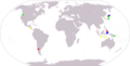 Locations of major volcanic events in the Little Ice Age: 1641 to 1642 (red), 1667 to 1694 (blue), 1809 to 1831 (yellow), and other (green)